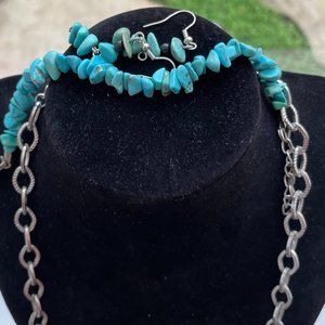3 BOHO ITEMS Real Turquoise Drop earrings, Bracelet plus Beautiful Long Necklace